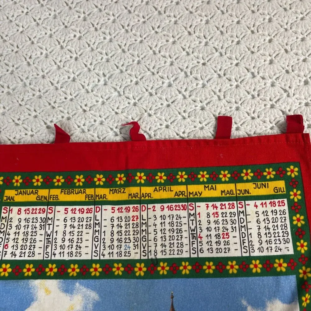 VTG 1978 Linen Tea Towel Calendar Wall Hanging Mountains Chapel Homes 15”x22”